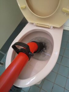 さいたま市見沼区で専用ポンプ工具を使用してトイレ詰まりを除去している様子