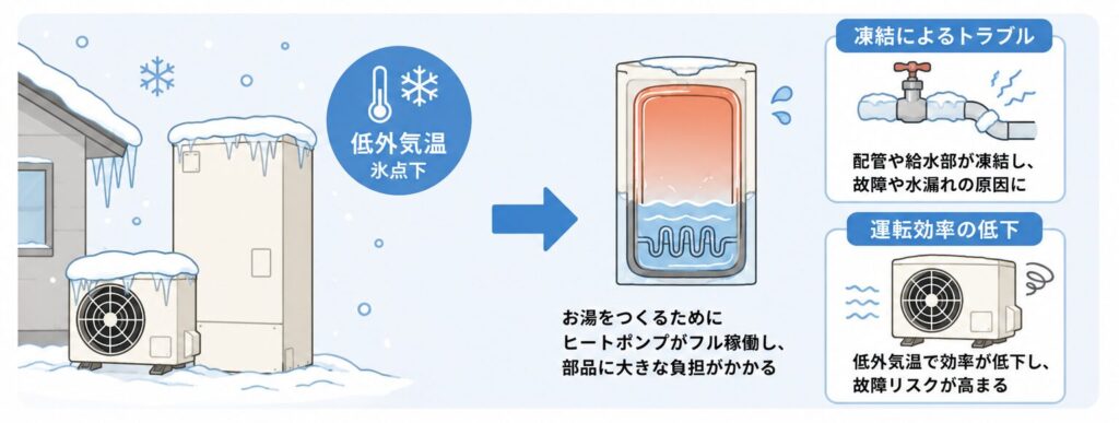 エコキュートの冬の凍結と低外気温による負荷